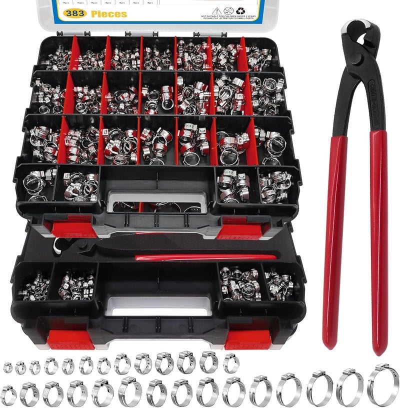 Easily 383PCS 28 Sizes Single Ear Hose Clamps, 304 Stainless Steel Ear Clamps, 5.3-33.1mm Stepless Adjustable Cinch Clamps for Automotive, Home Appliance Line and Plumbing, Double Sided Organizer - Image 1